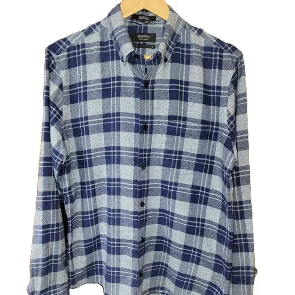 Nordstrom Men's Shop Slim Fit Flannel Long Sleeve Shirt Medium Blue / Grey Plaid - Picture 1 of 15